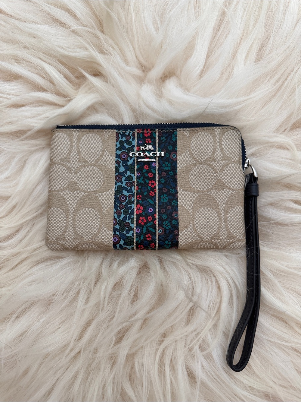 Coach Beige Signature Wristlet with Floral Stripe and Navy Strap